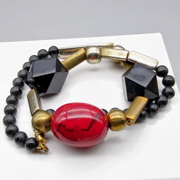 Retro Blocky Chic Necklace, Geometric Lucite Beads and Chunky Chain with Red - Picture 2 of 3